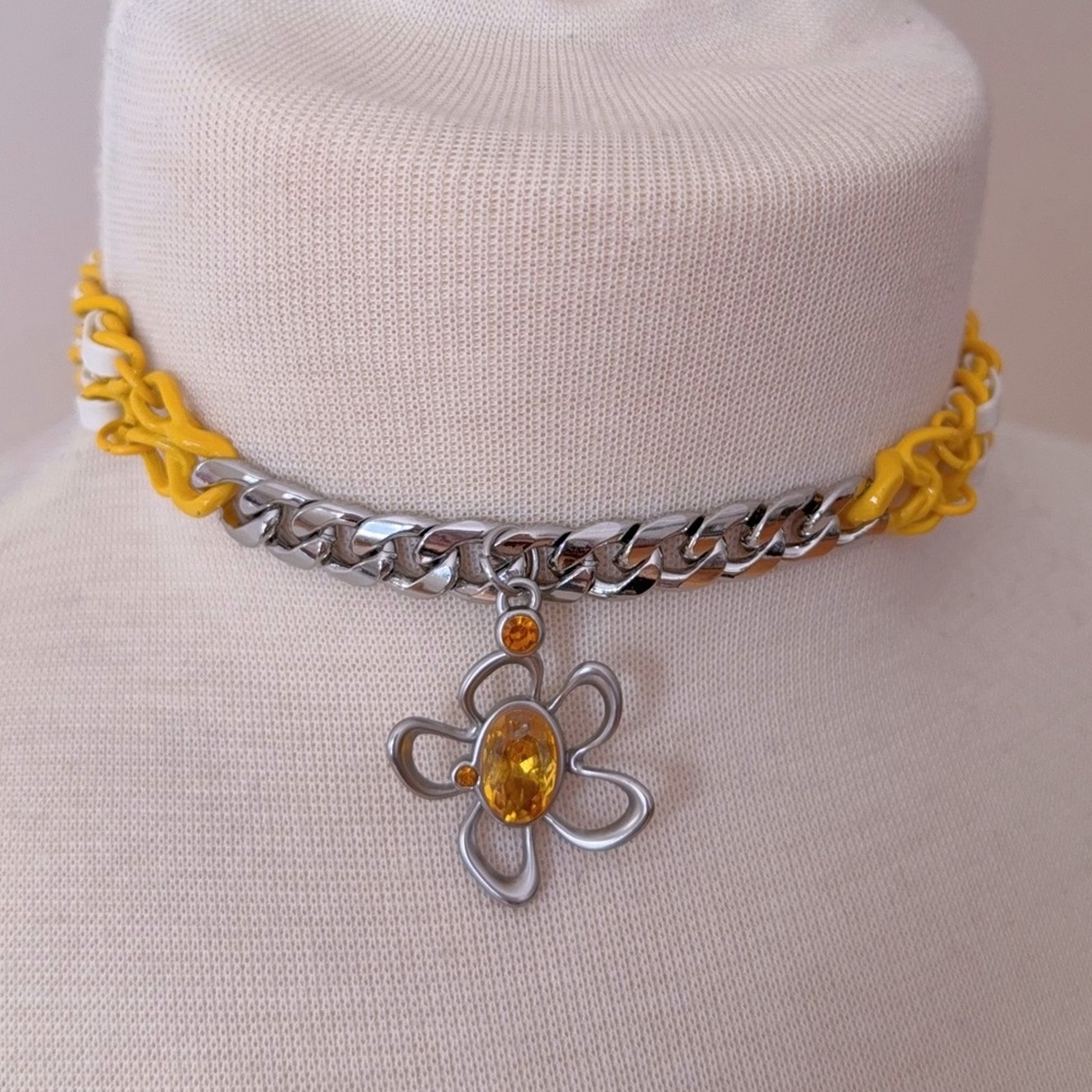 Yellow Leather Choker with chain